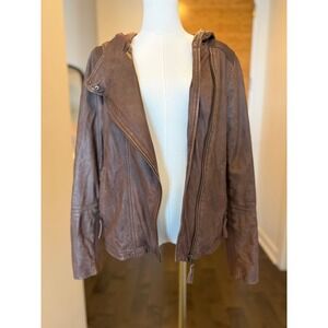 Hinge Leather Jacket Womens 1 Small Brown Hooded Motorcycle Biker Fitted